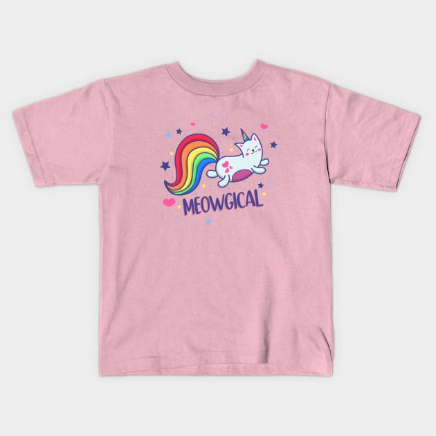 Meowgical Magical Rainbow Kitty Cat Unicorn Kids T-Shirt by LittleBunnySunshine